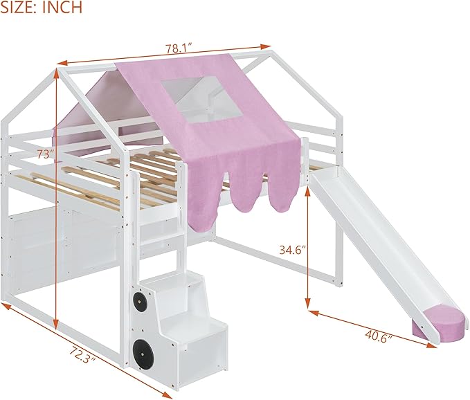 Playhouse Design Full Size Wood Loft Bed with Slide and Tent, Low Loft House Bed Frame with Storage Shelves and Removable Car-Shaped Staircase for Kids Teens Boys Girls Bedroom (White-PT)