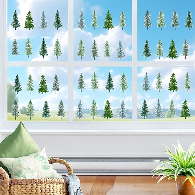 Small Pine Tree Wall Sticker Watercolor Green Tree Window Decals Forest Pine Window Stickers Green Trees Wall Decals Peel and Stick Small Pines Wall Stickers for Nursery Bedroom Kids Room Decor