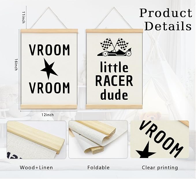 ULEGIE Rad Little Dude Poster Hanger Frame, Playroom Decor, Boys Room Wall Decor Nursery Toddler Canvas Wall Art Kids Playroom Art Prints Boys Race Car Poster Nursery Artwork Set of 2 for Bedroom, 12 x 16 Inch