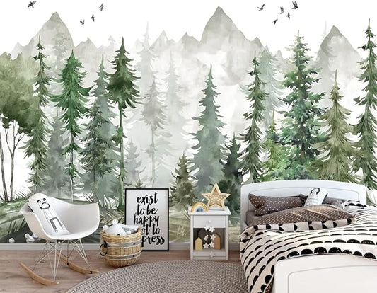 Green Forest Wall Mural Watercolor Woodland Wallpaper for Nursery Room (Not Peel n' Stick)