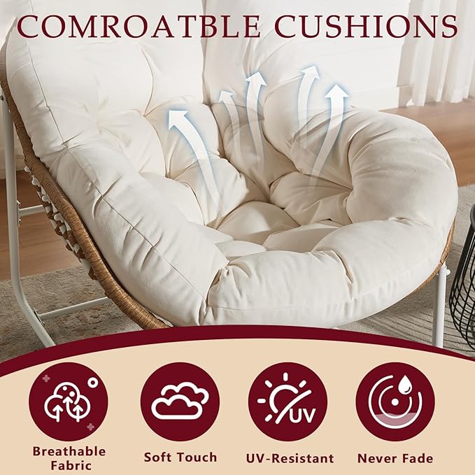 Oversized Outdoor Papasan Rocking Chair Set of 2 with Soft Cushion, Comfy Patio Egg Chair, Wicker Lounge Rocker for Balcony/Porch/Garden, Reinforced All Weather Rattan Frame, Cream