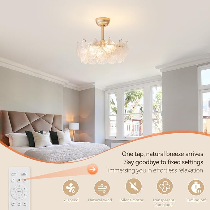 Shell Ceiling Fan with Light 20 Inch Gold Fandelier Modern Crystal Chandelier with Fan Semi Flush Mount Remote Control 6 Speeds for Girls Bedroom,Living Room