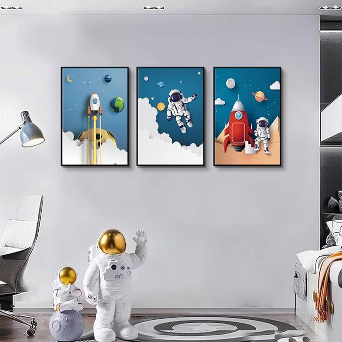 3Pcs Astronaut Canvas Wall Art Nursery Space Adventure Wall Decor Whimsical Space Themed Posters Artwork Rocket Spaceship Prints Pictures for Kids Room Boys and Girls Bedroom (12x16in Poster)