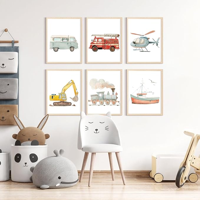 Car Wall Art Boys Room Canvas Wall Decor Nursery Prints Transportation Vehicle Wall Art Kids Toddler Posters Construction Truck Pictures Boy Nursery Artwork for Bedroom Playroom 12x16x6 Inch Unframed