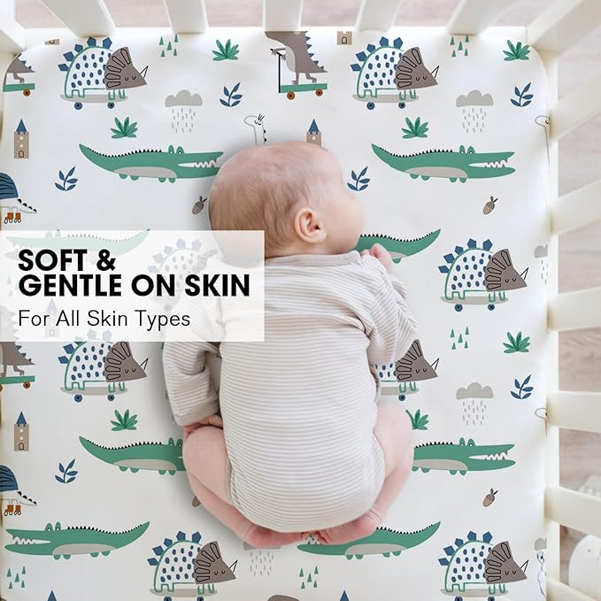 Little Grape Land Crib Sheets 4 Pack for Boys and Girls, Baby Neutral Crib Fitted Sheets for Standard Crib & Toddler Mattress, Super Soft Breathable Fitted Crib Sheet Set, Truck & Alligator