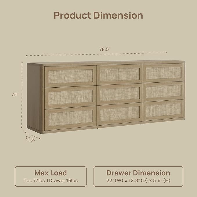 SICOTAS Dresser for Bedroom - 9 Drawer Dresser for Nursery 78.5" Wide Rattan Dressers & Chests of Drawers Boho Drawers for Bedroom Living Room Clothes Long Closet Storage for Closet Hallway Entryway