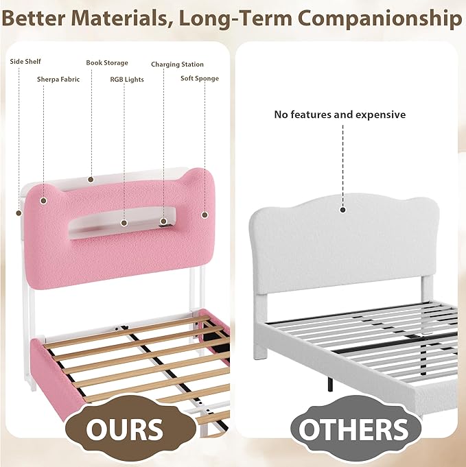 GarveeHome LED Twin Bed Frame with 2-Tier Storage Headboard, Upholstered Platform Bed with Charging Station and Drawer for Kids/Girls/Boys, Heavy Duty Metal Support, No Box Spring Needed, Pink