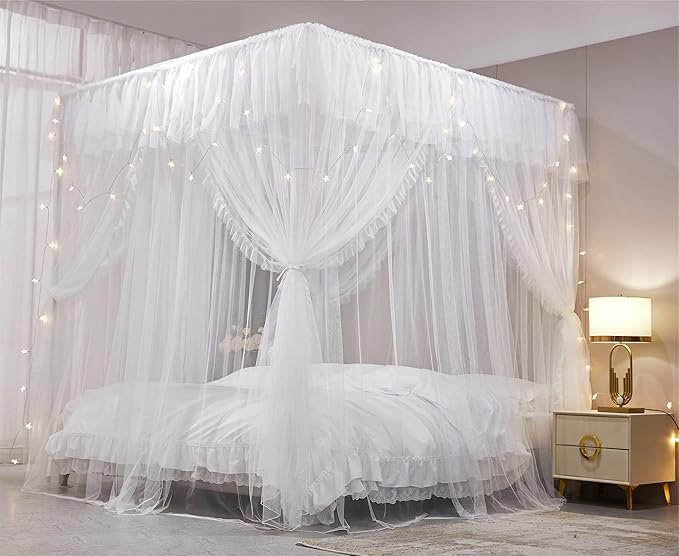 VETHIN 4 Corners Post Ruffle Princess Bed Canopy Curtain-Double Layer Cozy Drape Netting 4 Opening Mosquito Net for Girls Adults Bedroom Decoration (White/White, 64" W*82" L*82"*H/(Queen))