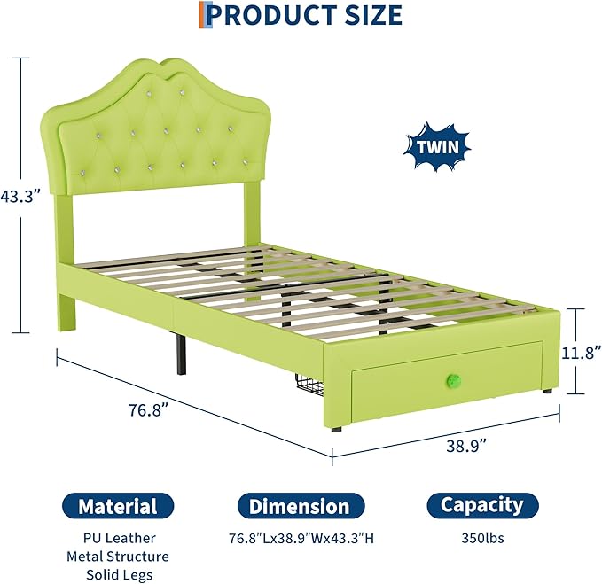 Garvee Twin Size Bed Frame with LED Lights & Velvet Crystal Button Headboard, Upholstered Boy Platform Bed with Storage Drawer, Noise Free, No Box Spring Needed for Kids, Teens, OrangeAvocado Green