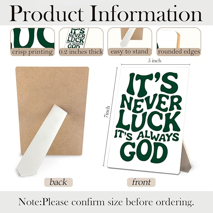 Inspirational Christian Sign, It's Never Luck It's Always God Bible Verse Wooden Stand Sign 5x7 Inch, Green Religious Decorations for Home Office Church Prayer Room Desk Table Decor