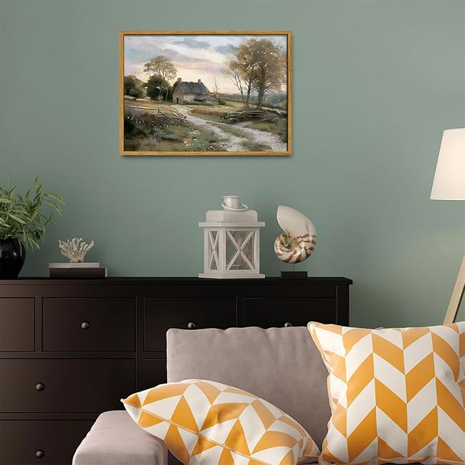 OIQArtOIQ Framed Vintage Landscape Wall Art Cottage Natural Scenery Oil Painting Canvas Prints Country Farmhouse Decor Aesthetic Pictures for Kitchen Bedroom Living Room Bathroom