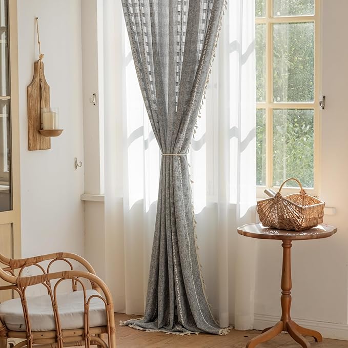 Deeprove Dark Grey Boho Curtain 63 inches Length for Living Room Bedroom Nursery, Chic Bohemian 63 inches Long Abstract Stripe Embroidery Privacy Window Fringe Decor W52 x L63, Single 1 Panel