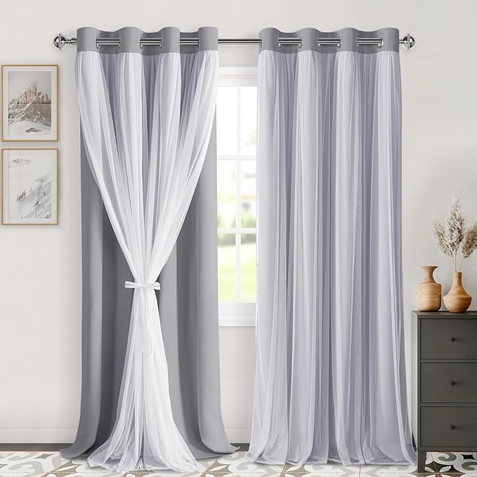 DWCN Layered Curtains for Living Room Blackout and Sheer Curtains with Tiebacks Grommet Top Window Curtain Panels with Sheer Overlay for Bedroom, 52 W by 96 L, Grey, 2 Pieces