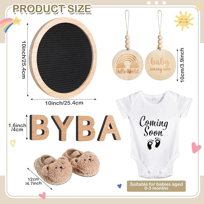 8 Pcs Pregnancy Announcement Set Pregnancy Reveal Ideas Include Felt Letter Round Board Kit Baby Bodysuit Booties Wood Blocks Wooden Signs for Coming Soon Baby Announcement(Black)