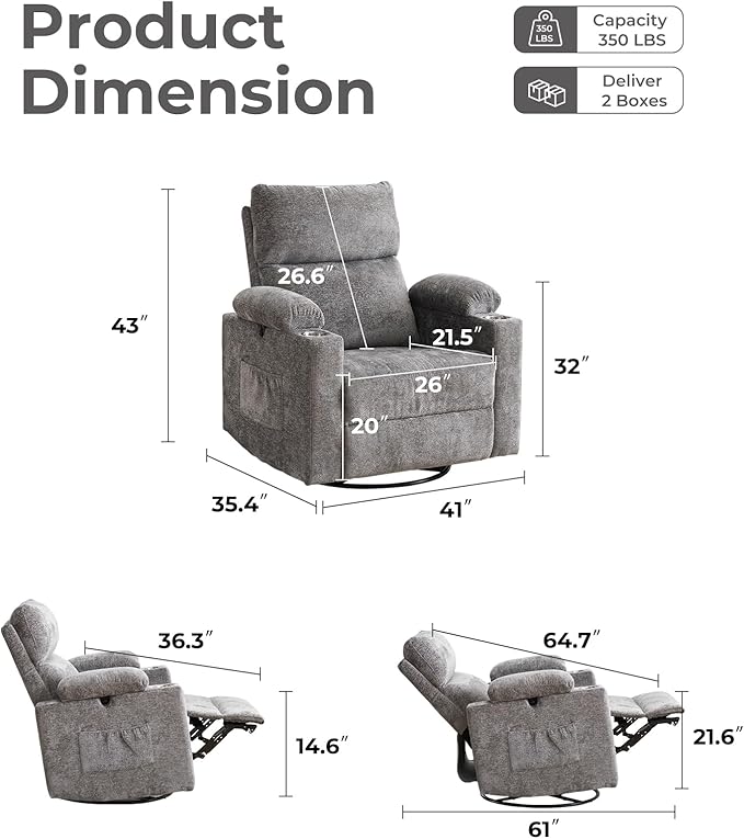 Rocking Chair Nursery with Adjustable Armrests, Electric Glider Recliner Nursing Chair for Breastfeeding, Power Swivel Recliner Chairs with Massage and Heat, Adjustable Headrest, Dark Grey