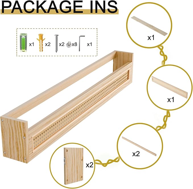 Wood and Rattan Wall Shelf - 36'' Nursery Floating Shelves for Storage, U-Shape Natural Pine Wood Wicker Shelf | Boho Decorative Shelves for Neutral Nursery Decor, Living Room, Bedroom
