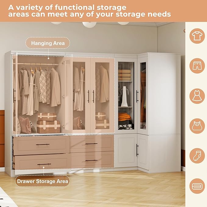 White Armoire Wardrobe Closet with 6 Door: Combination Corner Wood Wardrobe Closet Bedroom Armoire 4 Drawer with Hanging Rods for Home/Bedroom/Living Room