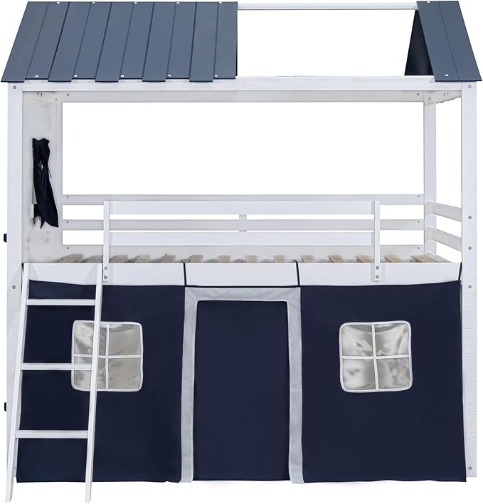 Twin Size House Bunk Bed with Elegant Windows and Sills, Solid Wood Tent Bed Frame with Guardrails for Kids Teens Boys Girls, Versatile Spacious Under Bed Space with Curtains (White+Blue T)
