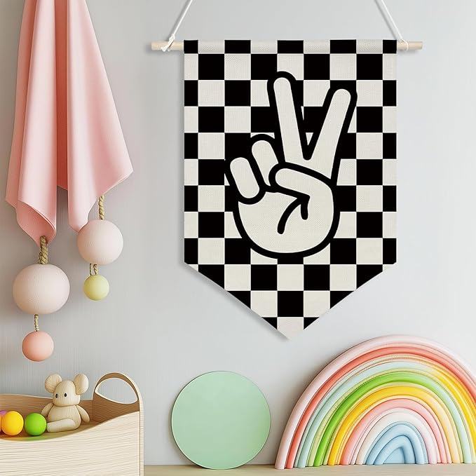 Peace Sign Wall Hanging Banner,Black and White Checkered Canvas Flag for Boys Room, Teen Room, Cool Skateboard Vibes Poster Decor, Retro Hand Gesture Hanging Sign 11x16inch(KD28)