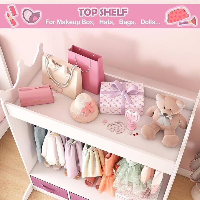 COSVALVE JOYLDIAS Kids Dress Up Storage with Mirror and Drawers, Kid Armoire Dresser, Pretend Storage Closet for Kids, Costume Wardrobe with Top Shelf for Playroom Bedroom, Lovely White