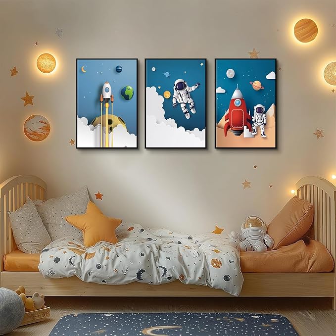 3Pcs Astronaut Canvas Wall Art Nursery Space Adventure Wall Decor Whimsical Space Themed Posters Artwork Rocket Spaceship Prints Pictures for Kids Room Boys and Girls Bedroom (16x24in Poster)