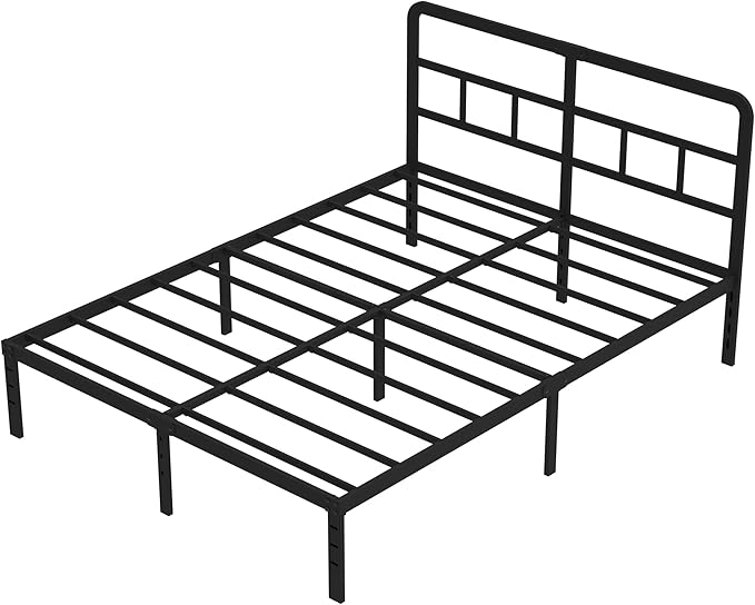 14 Inch Queen Bed Frame with Headboard No Box Spring Needed, Heavy Duty Metal Queen Size Platform with Steel Slat, Mattress Foundation, Easy Assembly, Noise Free, Black