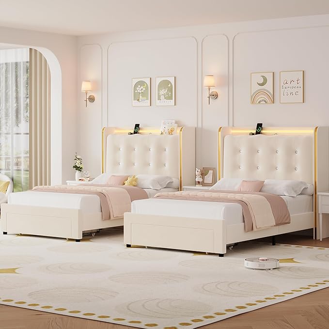 HITHOS Upholstered Twin Led Bed Frame with Charging Station and Storage Drawer, Velvet Princess Platform Bed Frames with Crystal-Button Tufted Headboard for Girls | Kids, No Box Spring Need, Beige