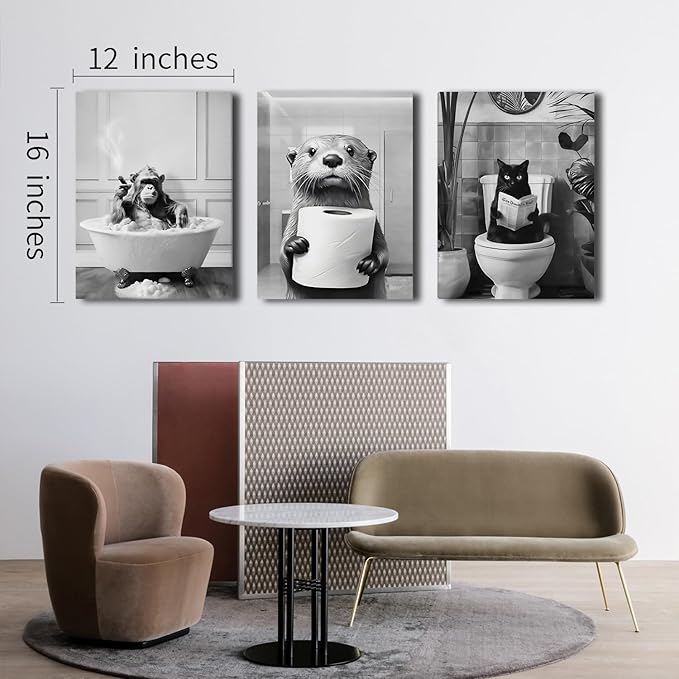 Framed Black and White Bathroom Wall Decor, Funny Animals Canvas Wall Art, Cute Otter Holding A Roll of Toilet Paper, Chimpanzee in Bathtub and Cat Reading Newspaper on the Toilet Pictures 16'' x 12''
