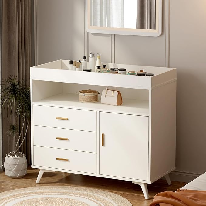 Nursery Dresser with Baby Changing Table,Diaper Changer Tables with 3-Drawer & Shelves, Wooden Baby Dresser with Top, Wood Diaper Changing Station