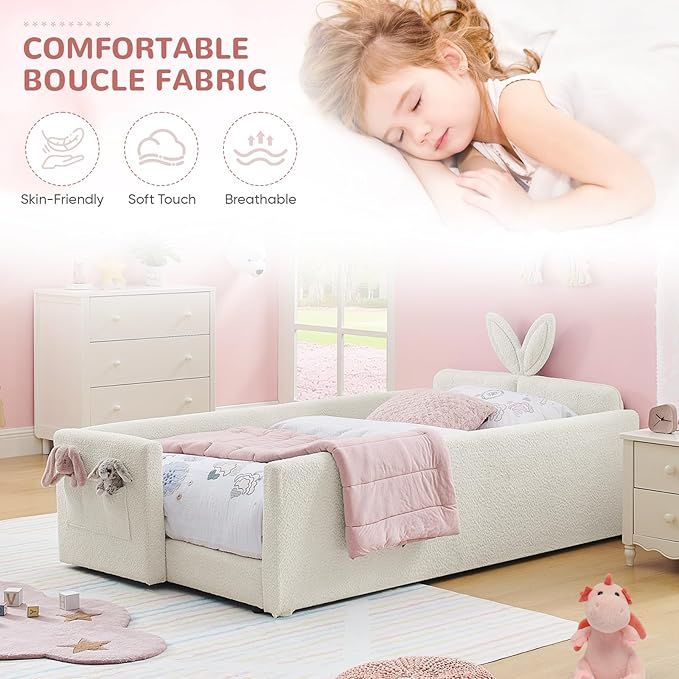 Twin Size Kids Bed with Rabbit Ear Headboard, Upholstered Boucle Fabric Twin Daybed with Slats Support & Side Pockets, Space-Saving Wooden Corner Sofa Couch Bed Frame, for Girls, Boys, Teenager(Beige)