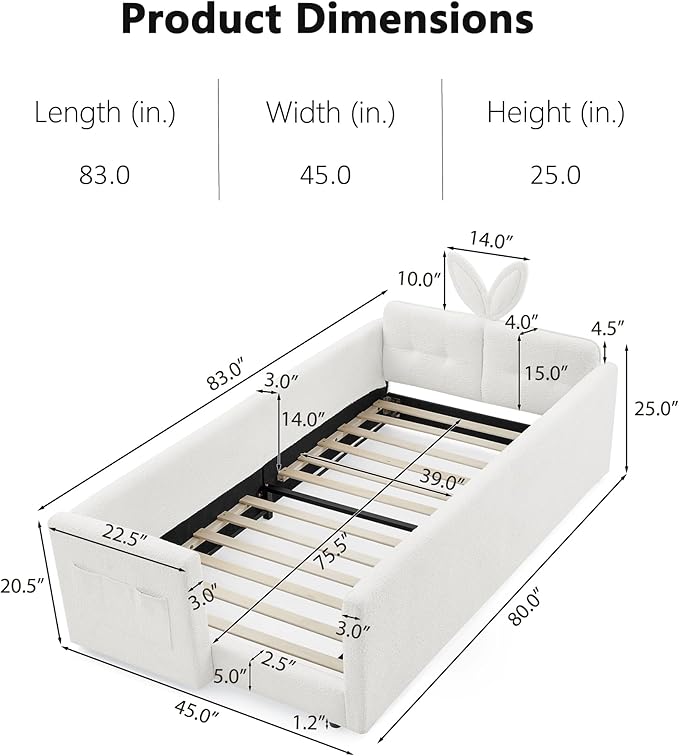 DEINPPA Twin Size Platform Bed Frame with Rabbit Ear Shaped Headboard and Pocket, Boucle Upholstered Bed Frame with Guardrail for Children Kids Boys Girls-Beige