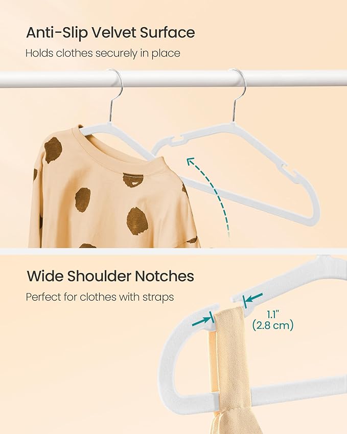 SONGMICS Baby Hangers 50 Pack, 11 x 6.9 Inches, Non-Slip Velvet Kids Hangers for Closet, Space-Saving, Wide Shoulder Notches, Cloud White UCRF037W01