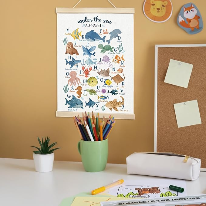 Voxitura Sea Animals Alphabet Poster Hanger Frame, Nursery Ocean Wall Decor Art Canvas for Playroom Kids Toddler Room Classroom, Cute Watercolor ABC Prints for Wall Hanging Decor Banner 12x16in