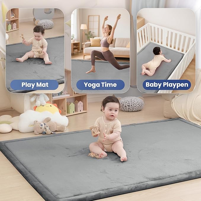Baby Play Mat for Floor,1.3" Thick Elasti Foam Tummy Time Mat,79"×158“ Extra Large Soft Velvet Nursery Rug,Non Slip Safe for Crawling,Toddlers,Infants,kids,Tatami Style for Living Room,Classroom,Playroom(Dark Grey)