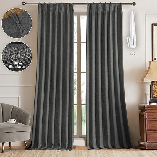 IVAPUPU Linen Pinch Pleated 100% Blackout Curtains for Bedroom - 2 Pages Black Out Grey Curtains 95 Inch Long 2 Panel for Living Room Darkening Thermal Window Curtain Drapes with 16pc Hooks