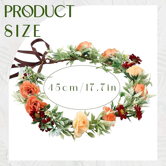 Floral Crown Women Girls - Orange Boho Floral Headpiece with White Green Leaves Charming Fairy Flower Headband for Wedding Photo Shoot Festivals