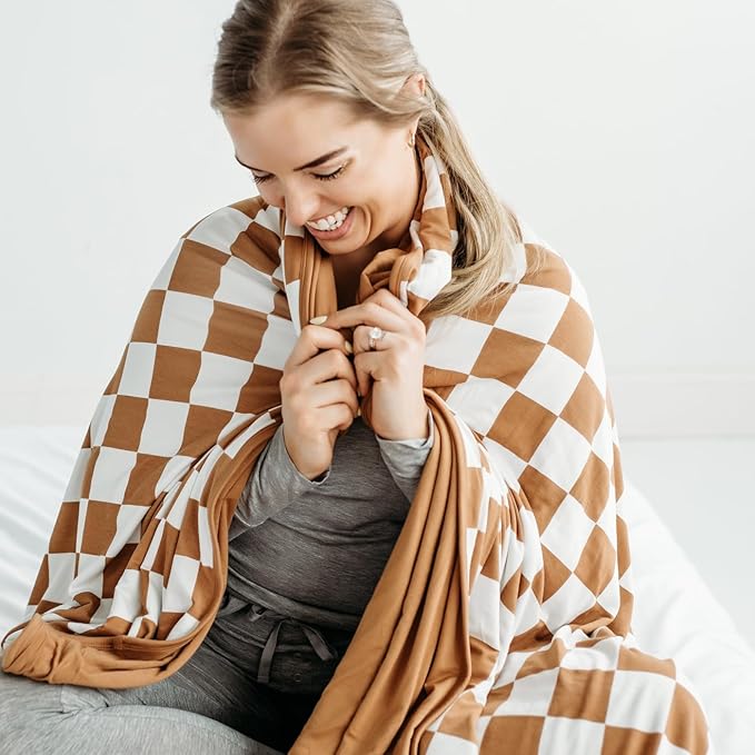 Little Sleepies Cloud Blanket, Soft Viscose from Bamboo Toddler & Baby Blanket for Boys & Girls, Lightweight, Perfect for Hot Sleepers, 65" x 85", Oversized (Caramel Checks)