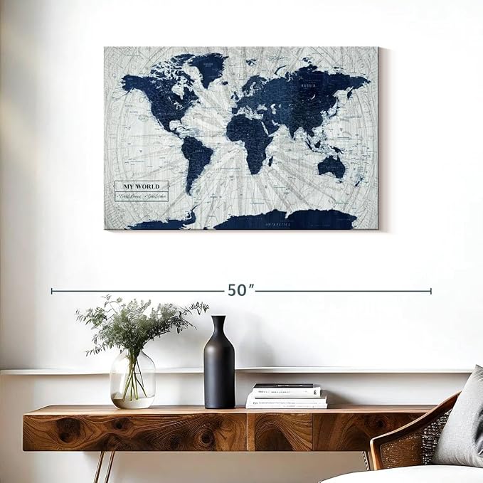 ElephantStock - My World Push Pin Map V Wall Art - Horizontal Canvas Wall Art - Living Room Wall Decor - Unique Map Canvas Art - Gray And Blue Decor - 36" x 24"