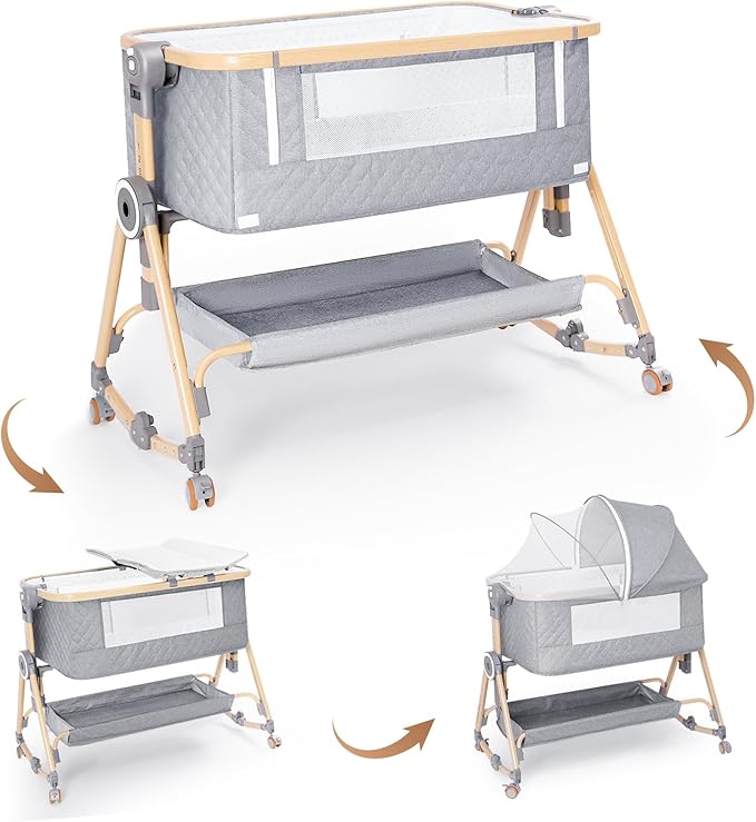 Baby Bassinets Bedside Sleeper 5 in 1,Bedside Bassinet for Baby with Mattress,Diaper Table, Storage Layer,Mosquito Net,7-level adjustable height , one-touch folding for travel with infants (Gray)