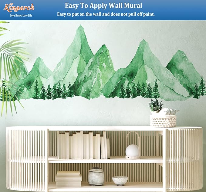Large Mountain Wall Decals, Teal Green Pine Tree Peel and Stick Vinyl Wall Stickers & Murals, Removable Home Room Wall Decor for Bedroom Living Room Bedroom Classroom Office Nursery