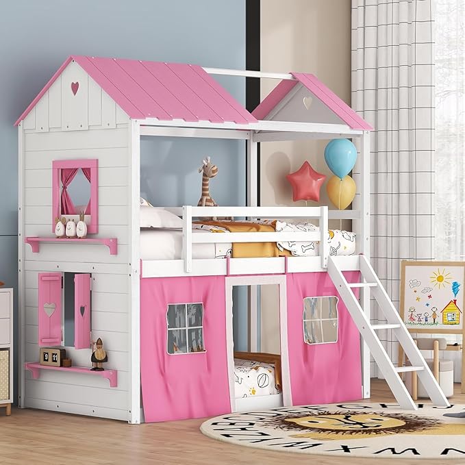 Twin Over Twin Pink Princess Castle Bunk Bed with Tent,Ladders and Guardrail, Solid Wood Playhouse House Floor Bunk Bed with Windows and Roof