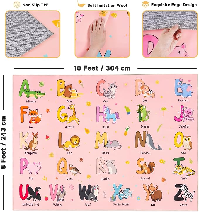 Kids Rugs for Playroom, 8x10 Ft Educational Rug for Learn The ABC Alphabet, Soft Machine Washable Non-Slip Cute Cartoon Animals Carpet for Classroom Toddler Nursery Kids Room Decor, Pink