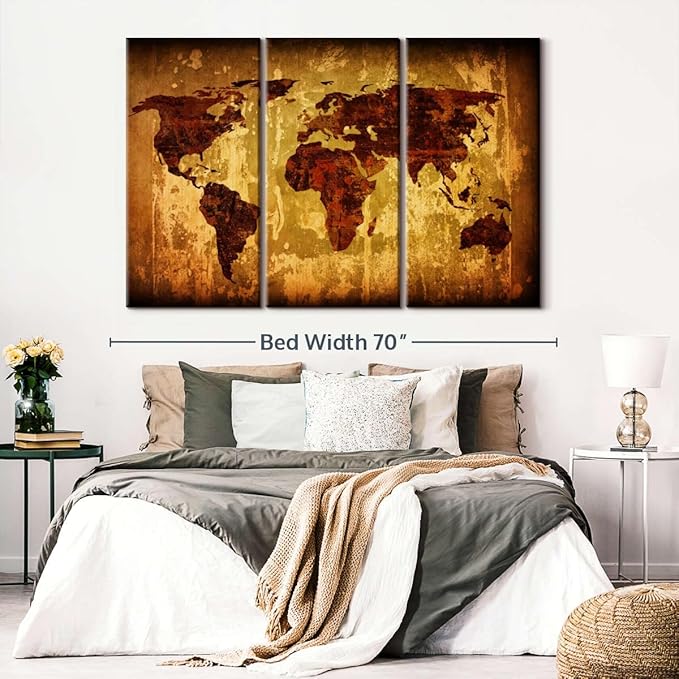 ElephantStock Vintage World Map Wall Art Multi Piece Canvas - 3 Piece Canvas World Map Wall Decor - Ready-to-Hang Print - Vintage Wall Art - 65" X 42"
