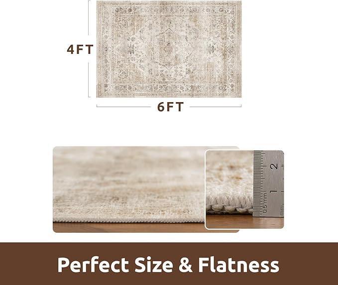 AMOAMI-4X6 Area Rugs for Living Room -Soft Vintage Bedroom Rugs-Non Slip Washable Rug-Throw for Living Room Bedroom Bedside Dining Room Office Beige