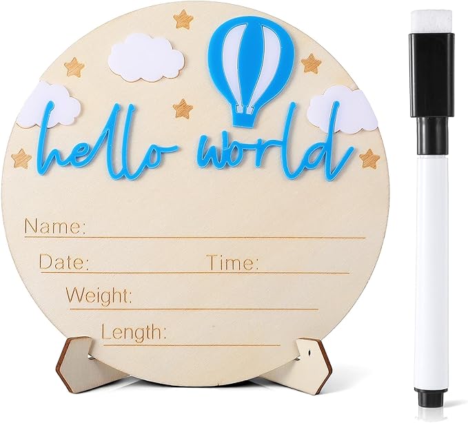 Baby Announcement Sign 5.9 Inch Wooden Hello World Newborn Signs Baby Name Plaques Birth Announcement Signs Pen Hot Air Balloon White Cloud Newborn Welcome Sign BabyShower Hospital Nursery