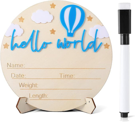 Baby Announcement Sign 5.9 Inch Wooden Hello World Newborn Signs Baby Name Plaques Birth Announcement Signs Pen Hot Air Balloon White Cloud Newborn Welcome Sign BabyShower Hospital Nursery