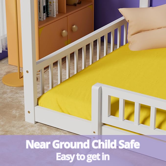 LLS Full Size House Bed with Fence, Wooden Montessori Bed with Slats Support, Floor Bed Frame for Boys Girls Bedroom, White