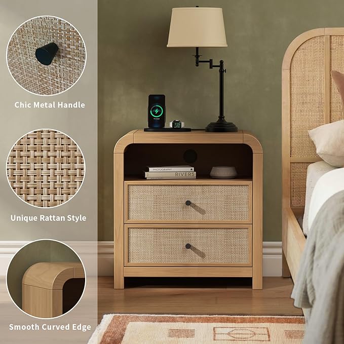Oak&Sparrow 2 Drawer Tall Dresser for Bedroom, 23.6'' Rattan Dresser with Ample Storage, Boho Chest of Drawers, Thickened Curved Profile Design, Oak Dressers for Bedroom, Living Room
