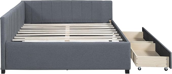 Harper & Bright Designs Full Size Upholstered Daybed with 2 Storage Drawers Sofa Bed Frame for Boys Girls Kids Adults Toddler No Box Spring Needed, Linen Fabric (Gray)
