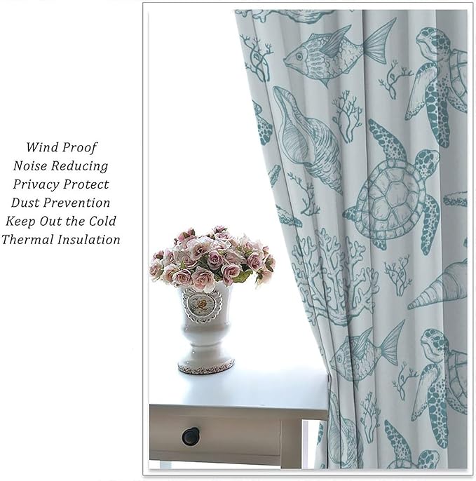 Turtle Starfish Curtains,Coral Starfish Seashell Beach Sea Seashell Theme Pattern Blackout Print Home Bedroom Living Room Window Treatmen 2 Panel Set 52x84 Inch